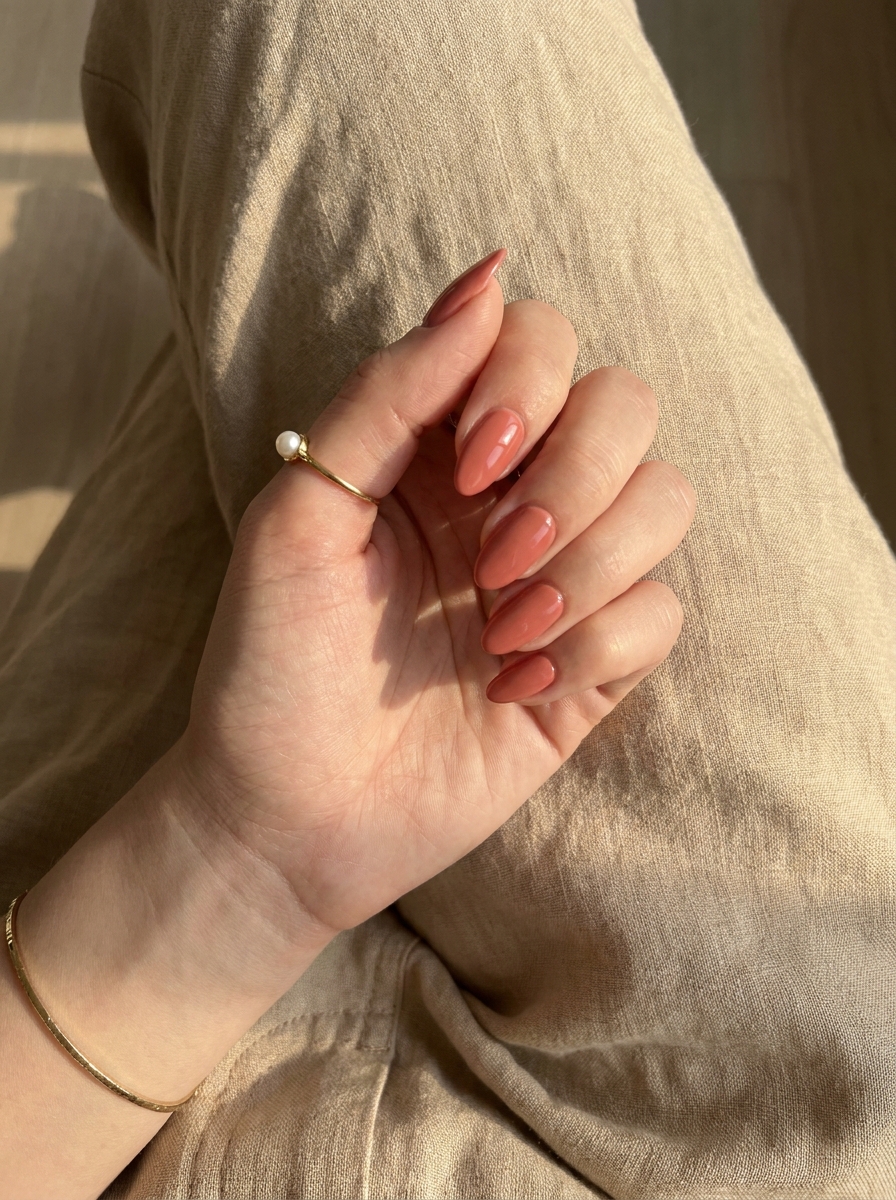 Elegant Coral Nails mit gedämpftem Korallton und glossy Finish